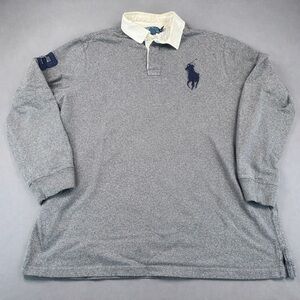 Vintage Ralph Lauren POLO Men's Gray Big Pony Long Sleeve Rugby Shirt XL Y2K
